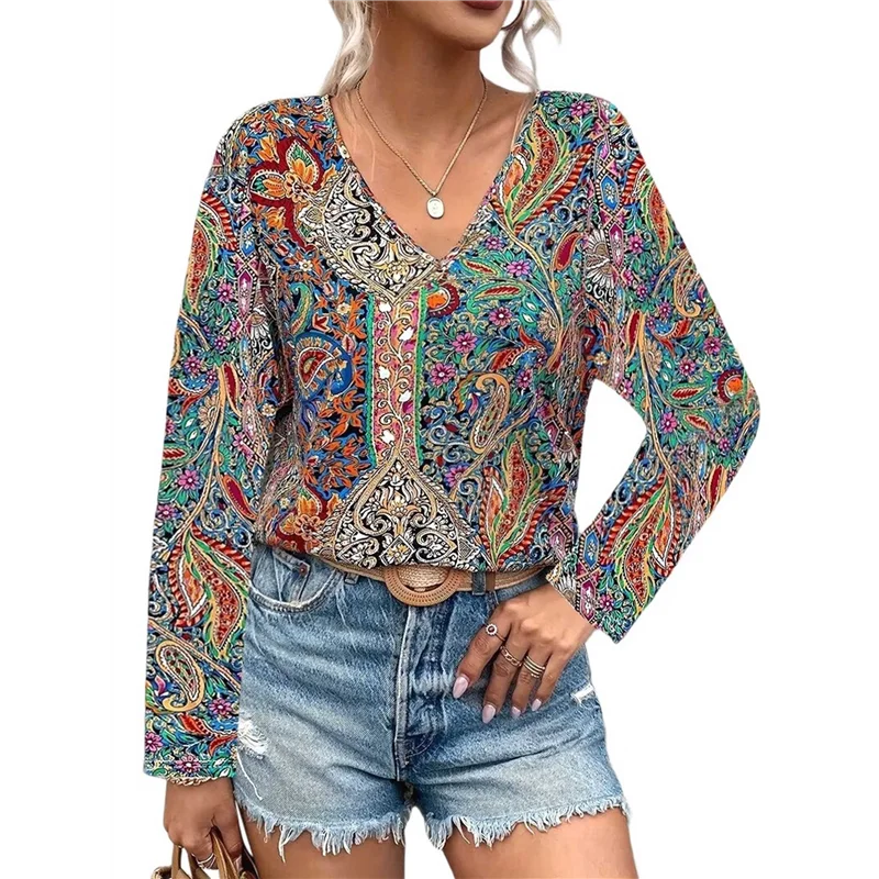 

【D75C】Women's Bohemian Print V-Neck Long Sleeve Casual Blouses Shirts