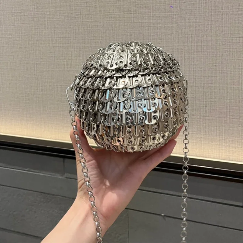 Luxury Design Gold Silver Metal Sequins Round Evening Bag Fashion Dress Party Wedding Clutch Bag Women's Hand Woven Circle Bag