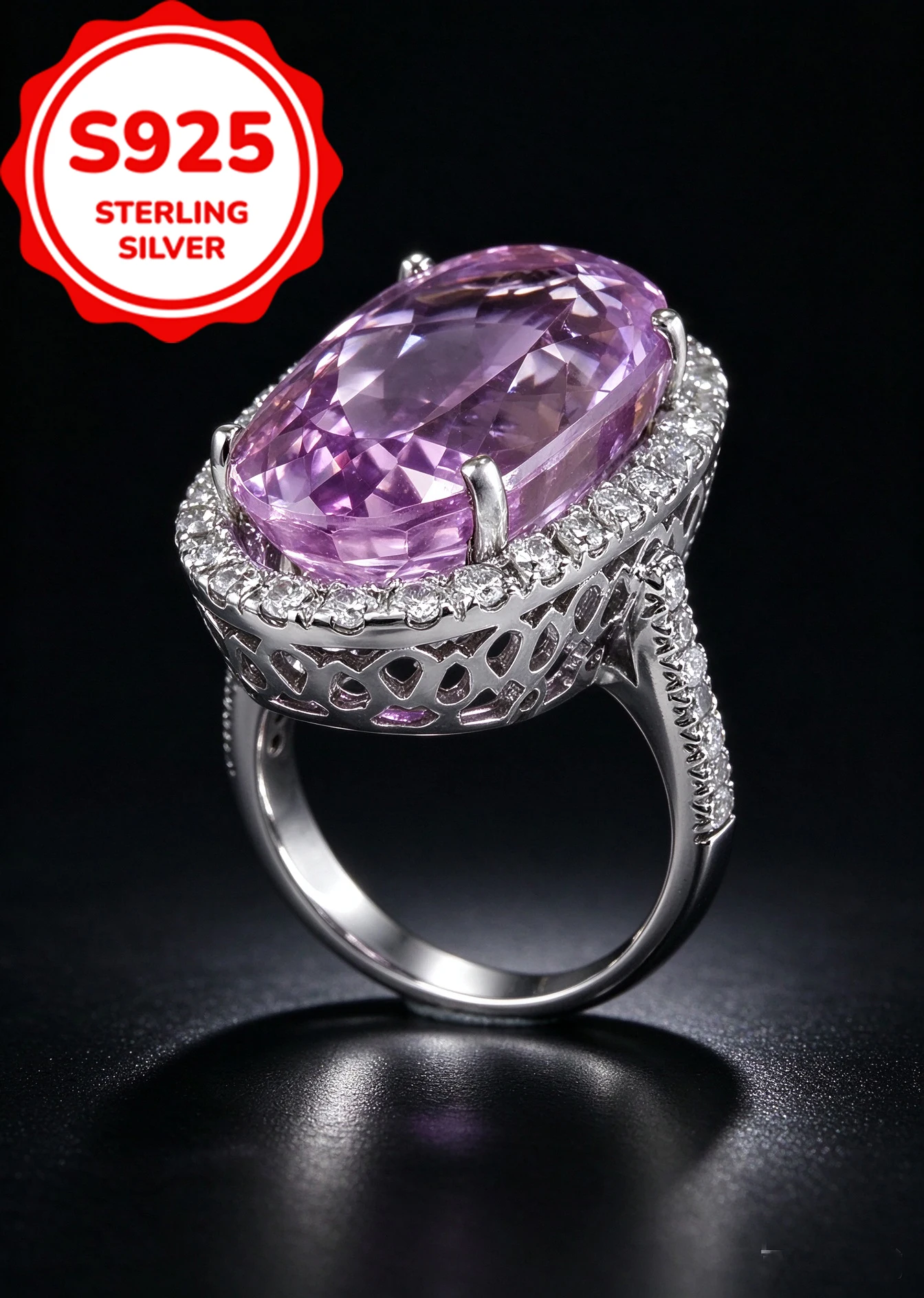 925 Sterling Silver Women Oval Purple Amethyst CZ Ring Halo Diamond Surrounded Finger Ring Vintage Hollow Back Design Engagement