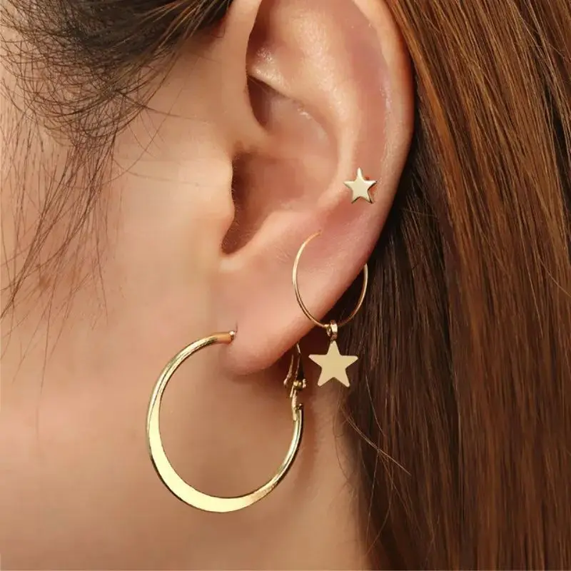 4pcs/set Trendy Circle Drop Earrings for Women Round Star Dangle Earrings Statement Punk Jewelry Vintage Golden Color Girls Gift