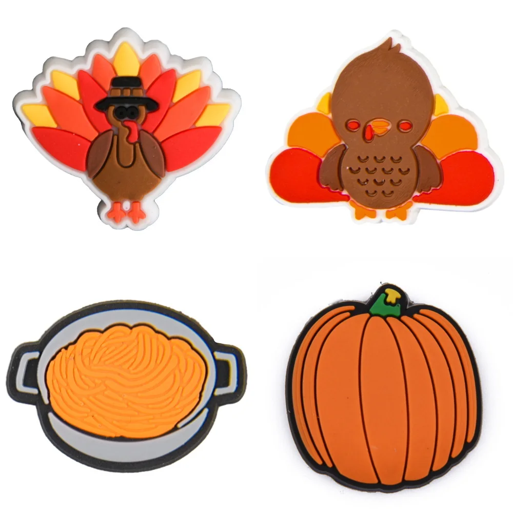 16pcs Thanksgiving Day Chocolate Pie Shoe Decoration Fried Chicken Pumpkin Shoe Charms Cartoon Cute Clog Charm Party Favor