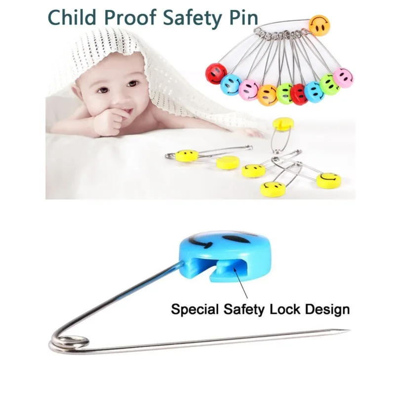 10pcs Safety Pins Child Proof Safety Pin Candy-Color- Smile Cute Baby Safe Pins,Plastic Head, for Fabric Diapers, Garment Repair