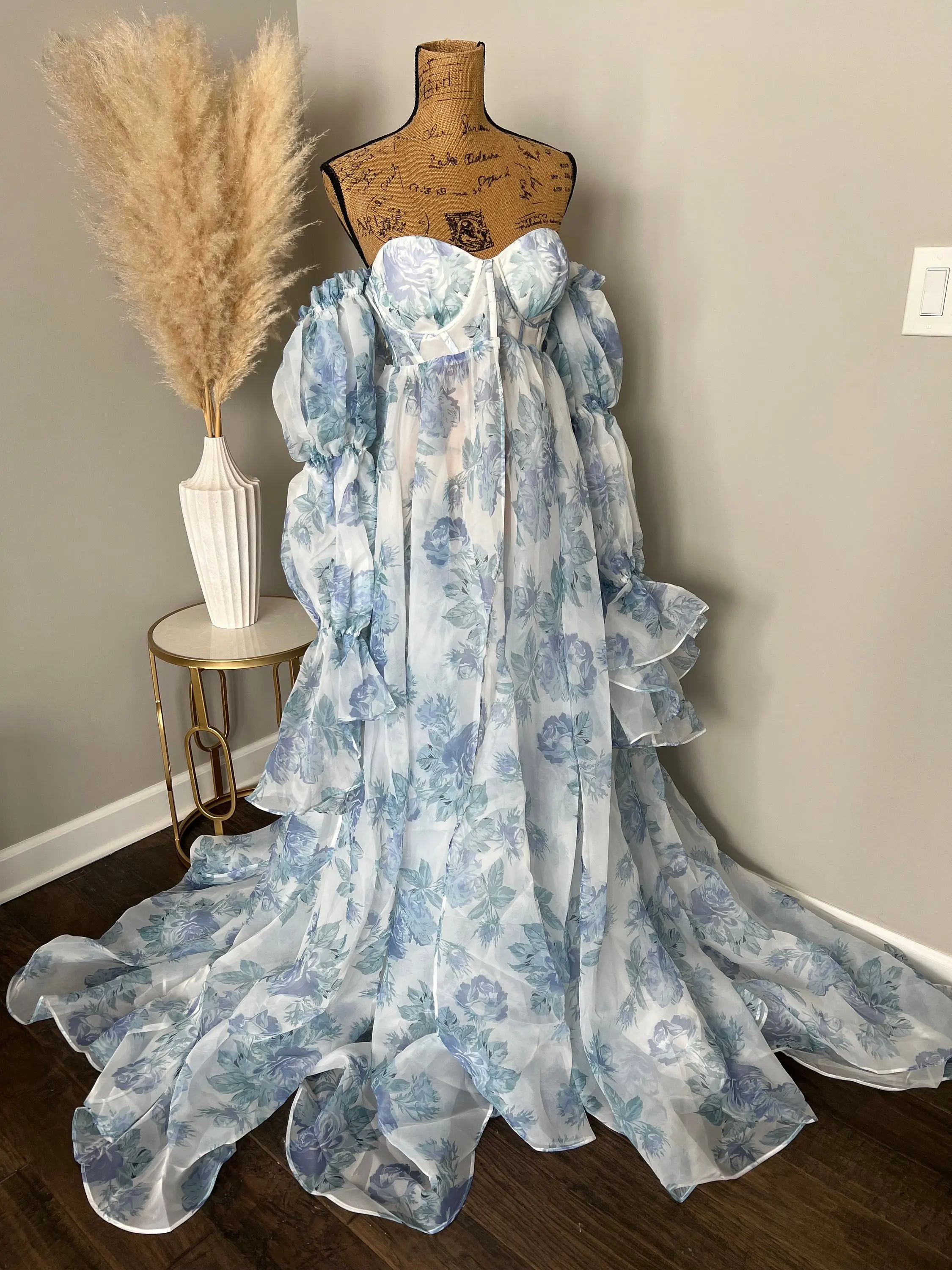 Vestido de maternidad con estampado de flores azules personalizado para sesión de fotos, vestido para Baby Shower, traje bonito de embarazo de