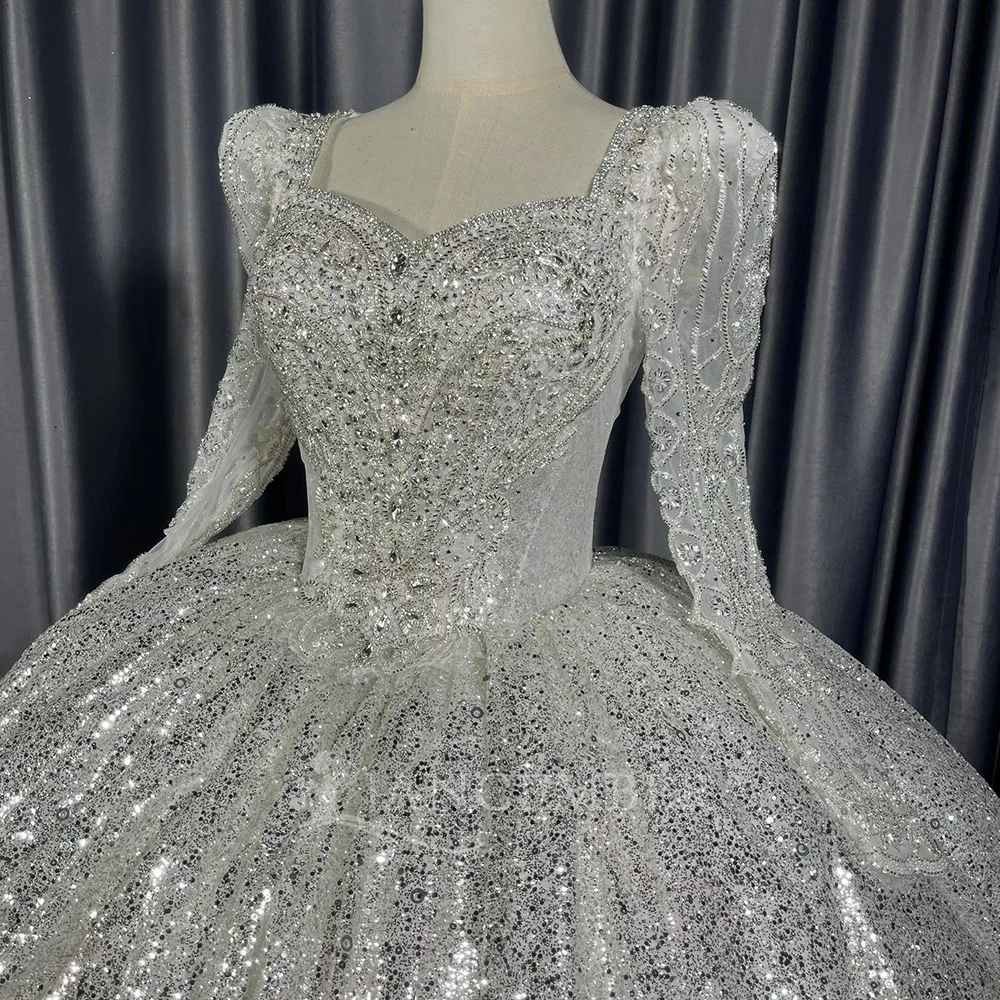 Abiti da sposa personalizzati con maniche lunghe e maniche lunghe, perline, pizzo, abiti da sposa da donna, con lacci sul retro, scoop, плаisakiе с eusдебн