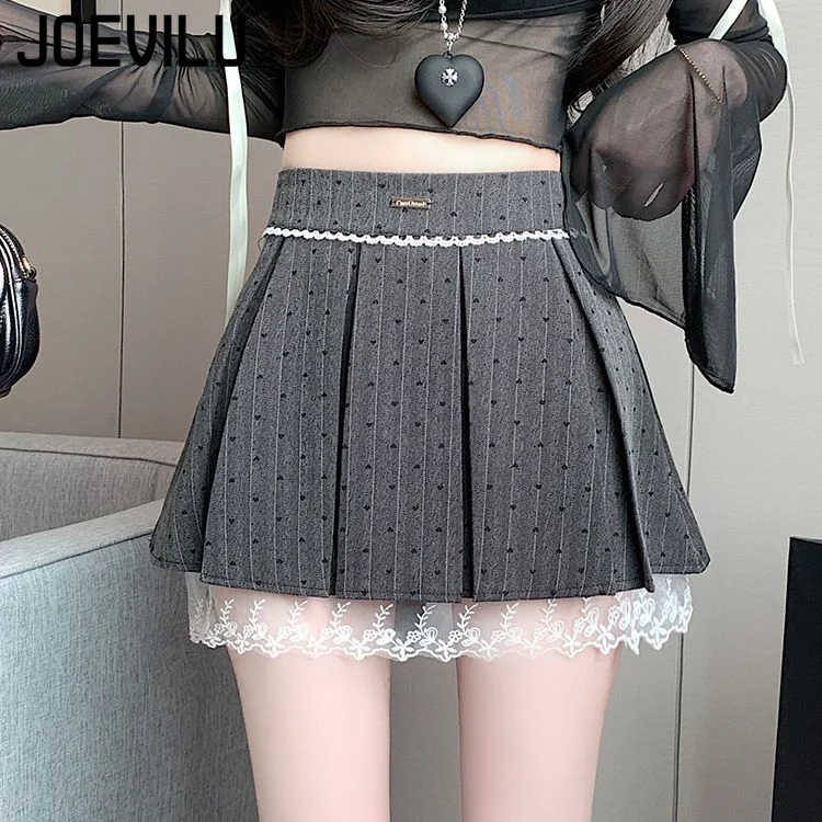 

Women's Summer Plaid Pleated Skirt A-Line Cute Heart Dot Print Lace Trim Bowknot Korean Fashion School Style Anti-Slip Shorts