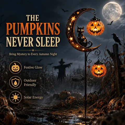 Halloween Moon Cat Pumpkin Solar Stake