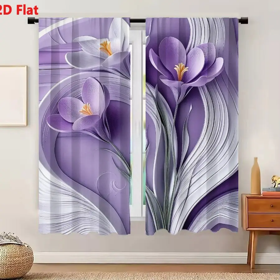 2Pcs Curtains 2D Flat Artistic Crocus Arrangement - 3 Purple 1 White Flowers With Yellow Stamens On Swirling Purple White Backgr