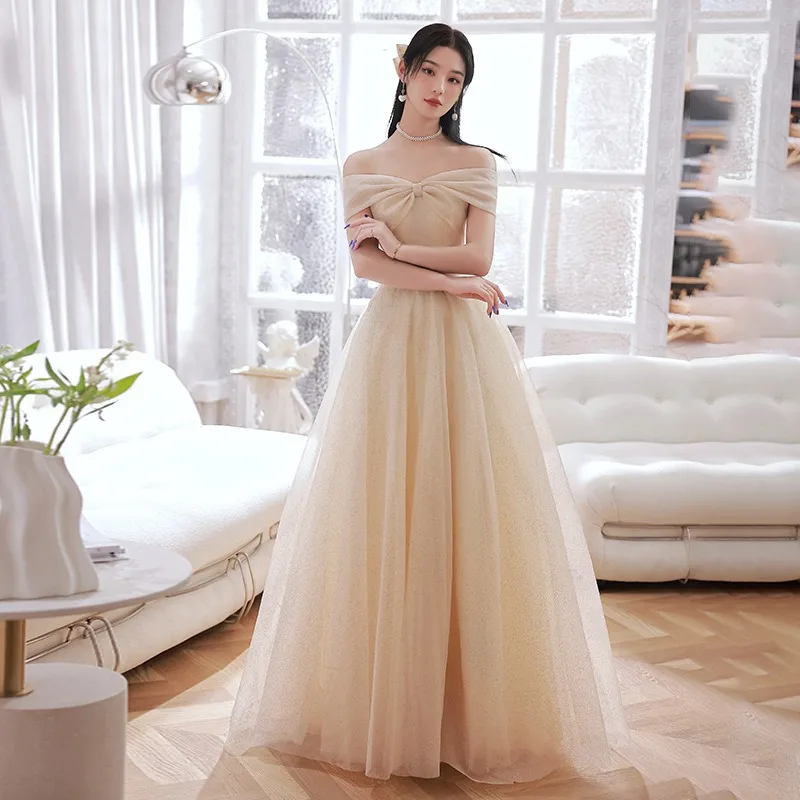 

Off Shoulder Strapless Champagne Prom Dress Glitter Shiny Slim Floor Length Wedding Party Bridesmaid Dress Elegant Formal Gown