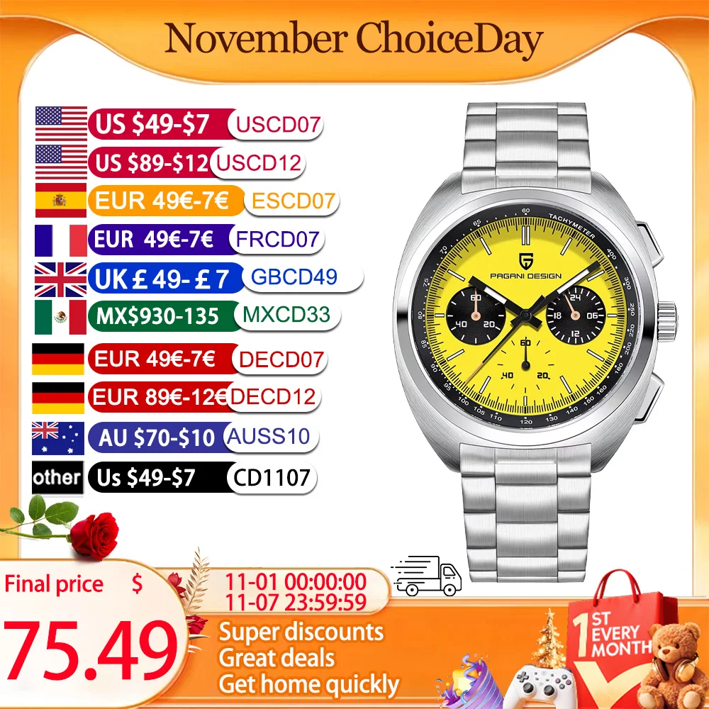 

Pagani design 2025 new men's watch top fashion quartz watch JP VK63 multi-function chronograph watch luxury AR sapphire luminous