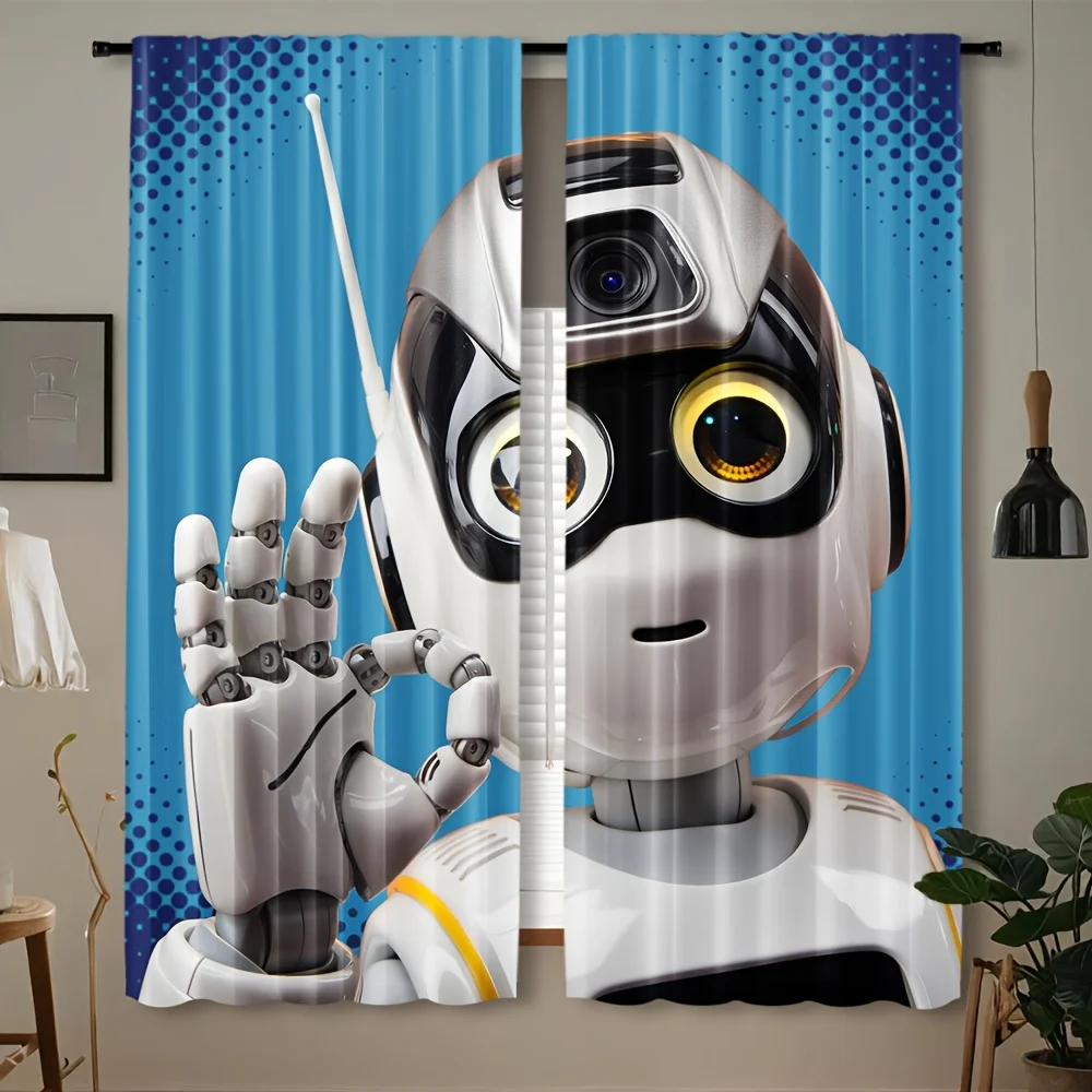 Cute Robot Print Curtains, Blue Sci-Fi Android Pattern Blackout Drapes for Kids Room Boys Futuristic Home Decor Window Treatment