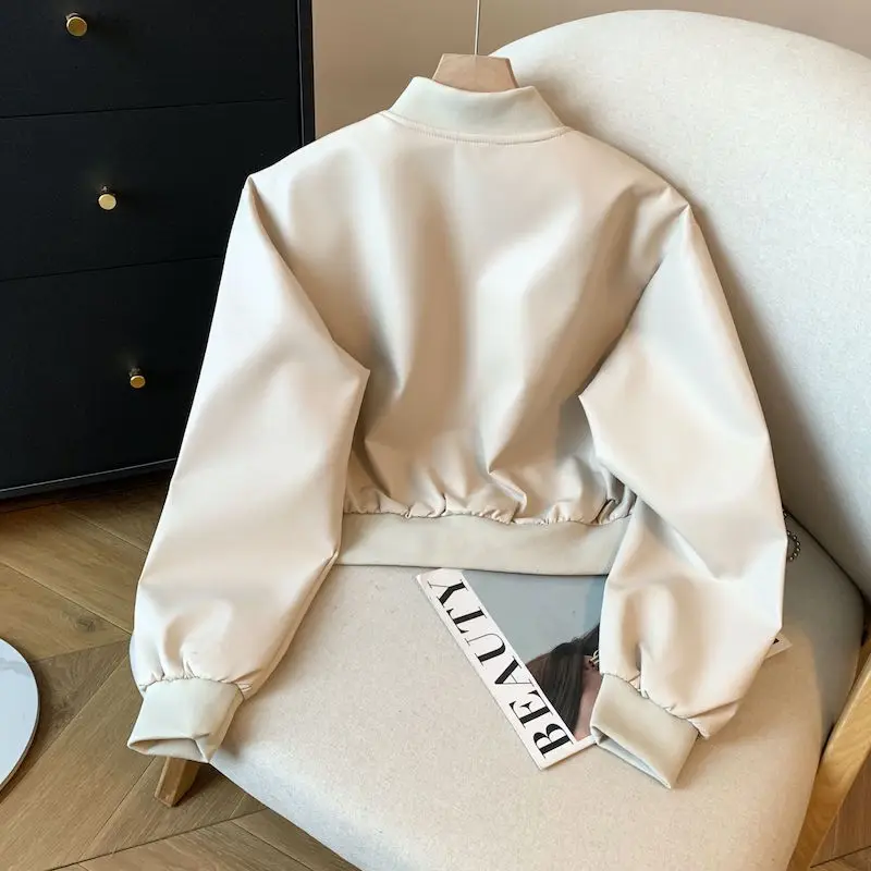 معطف American Sle Baseball Jaet للسيدات للخريف والشتاء كاجوال مستدير Ne فضفاض للتخسيس معطف جلدي متعدد الاستخدامات