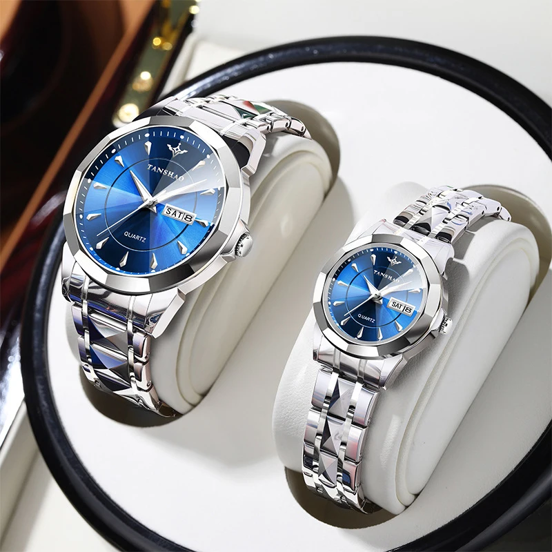 TANSHAO Couple Watches Elegant Fashion Original Quartz Lover Wristwatch Waterproof Luminous Date Anniversary Gift His and Her