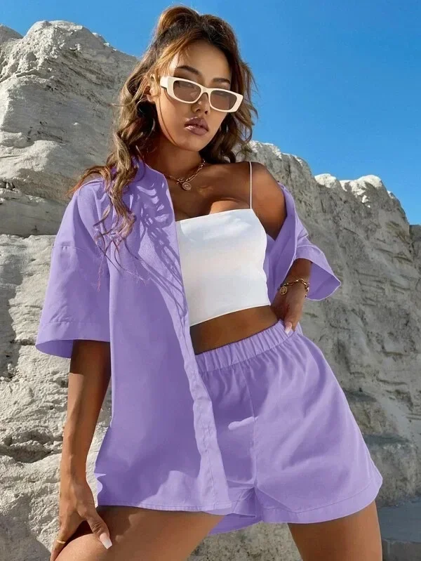 Langarm einreihiges Top + weitbeinige Shorts Set Mode Damen Sexy Solide Anzüge 2023 Sommer 2-teilige Outfits für Frauen