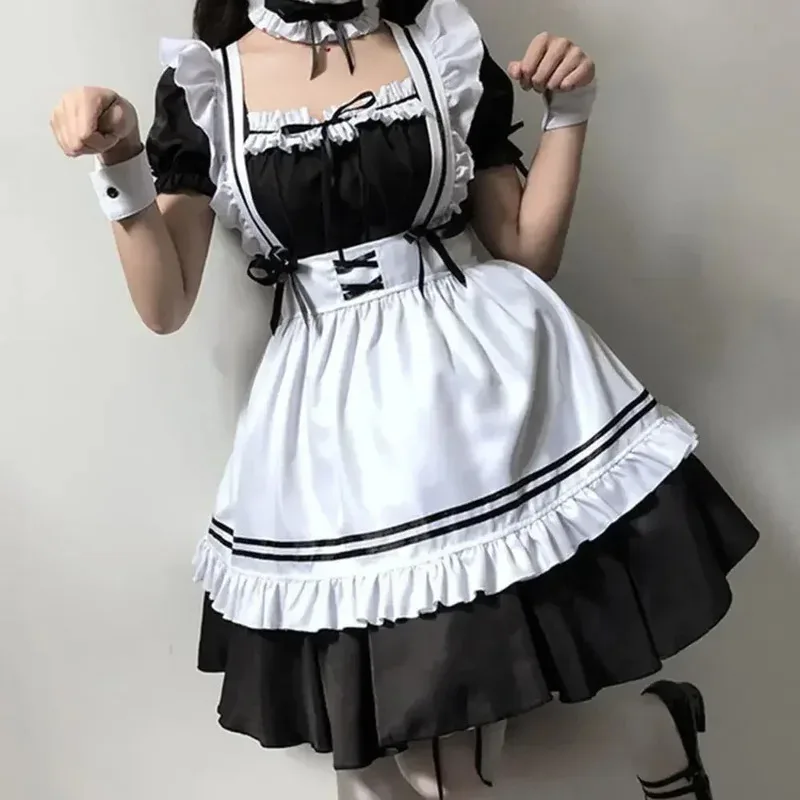 

CyHalloween 2025, милый костюм горничной для косплея, черно-белое короткое платье, платье Лолиты, аниме, длинная юбка, костюм кафе, косплей горничной