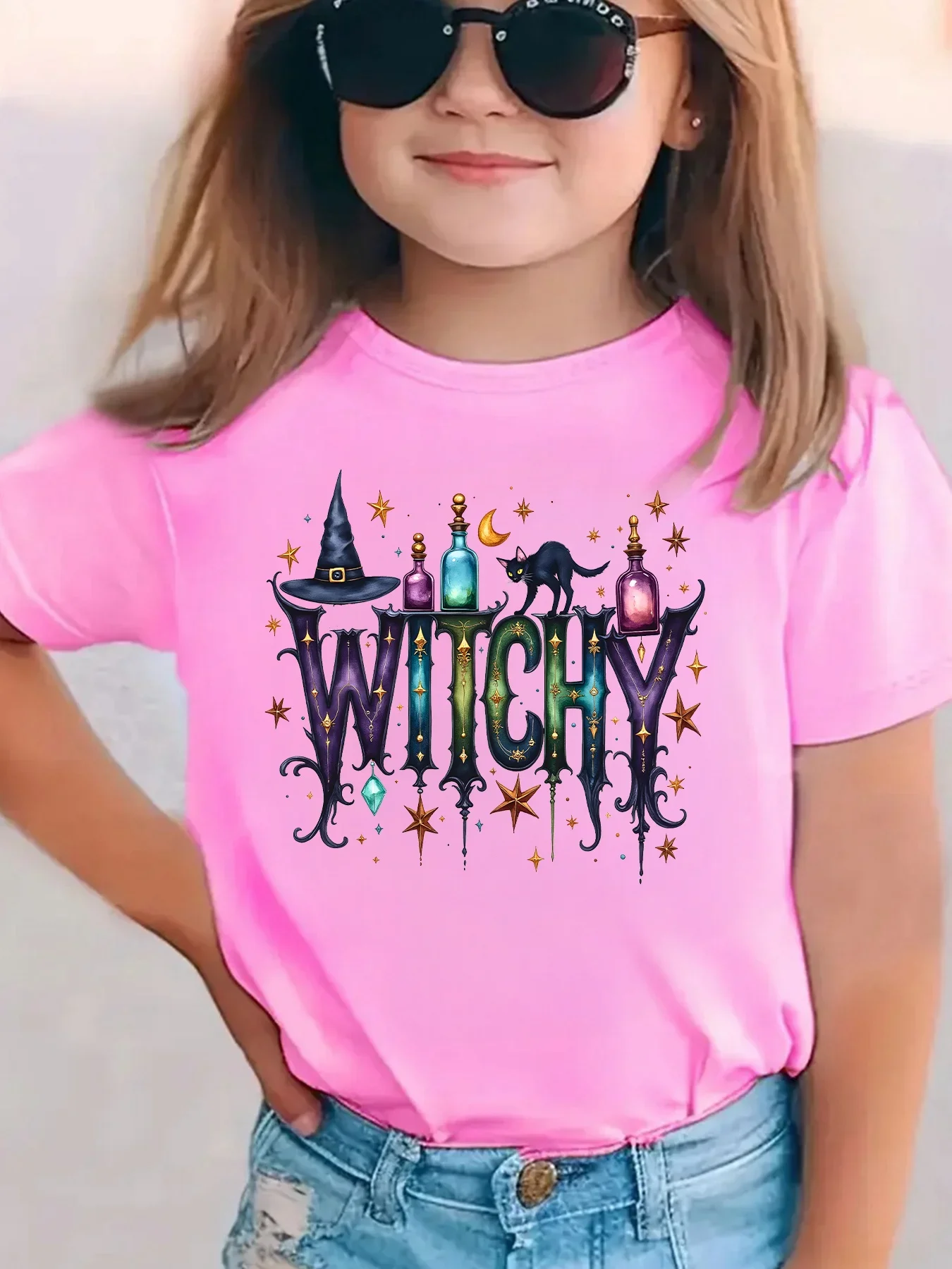 Witchy Graphic Tee for Girls Halloween Witch Hat Black Cat Magic Bottle Design Kids Short Sleeve Casual Fashion Shirt