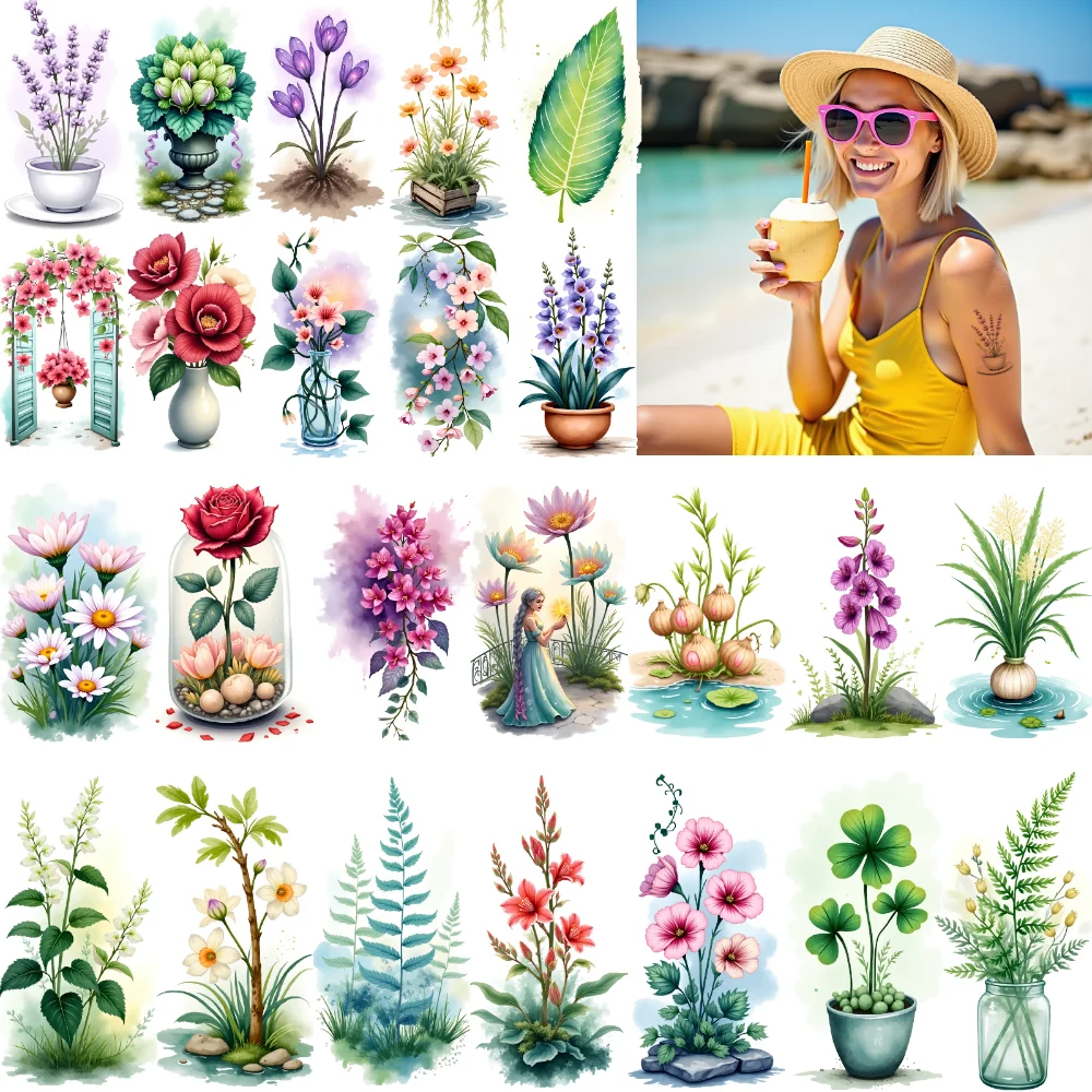 

9 шт., временные татуировки, растительные татуировки, временные татуировки, наклейки, цветочные татуировки, водонепроницаемые, долговечные наклейки на тело для девочек