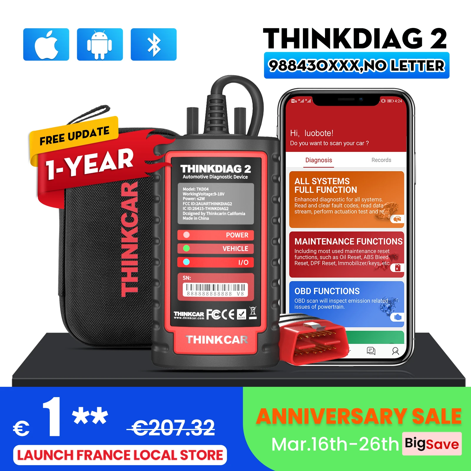 Thinkdiag 2 Ediag plus obd2 diagnostic tools add CAN FD protocol ECU coding Active test 15 Reset Service All system OBD2 scanner