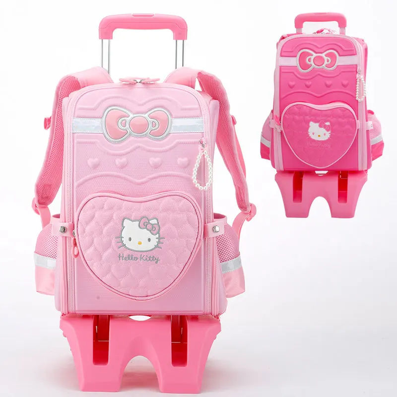 Miniso Hellokitty Girls Roller Bag Children Trolley Schoolbag Kids Spine Guard Pupil Wheeled Backpack Waterproof Grades 1-4 Gift