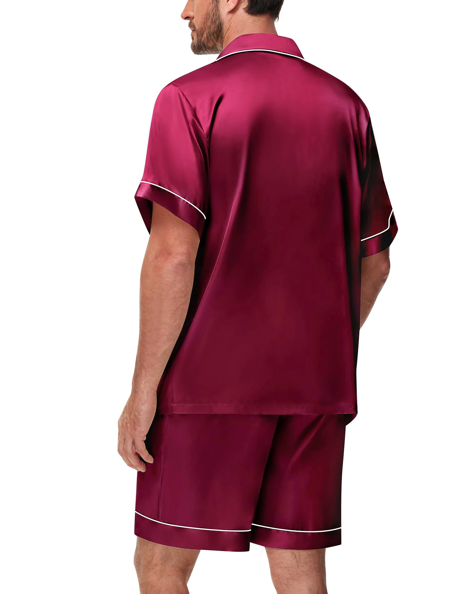 2-teiliges Pyjama-Set aus seidigem Satin für Herren, kurzärmeliges Hemd mit Revers, Brusttasche und Shorts, glatte Haptik, weiche Nachtwäsche, gemütliche Nachthemden – Detail 20