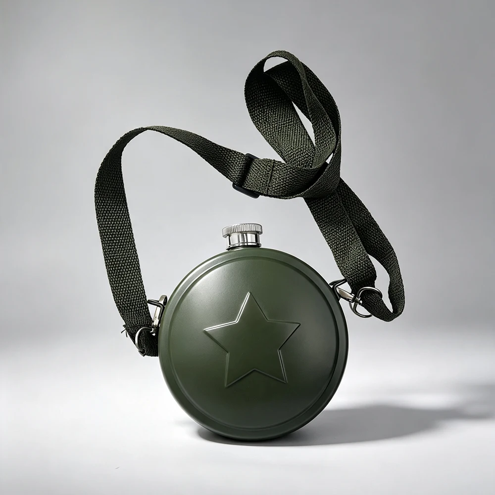 Army Green Stainless Steel Hip Flask with Shoulder Strap, Outdoor Portable Sports Water Bottle, Single-Wall Travel Wine Pot,