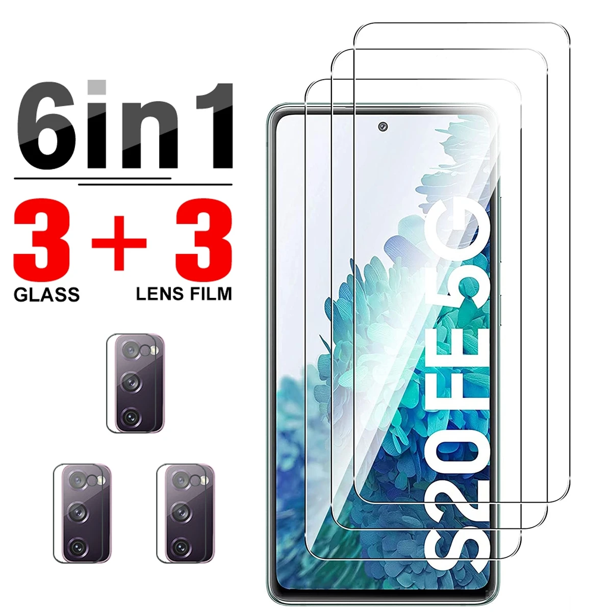 Vidrio Templado 6 en 1 para Samsung Galaxy S20 FE s20fe S 20FE 5G, Protector de pantalla frontal y lente de cámara trasera, película de protección completa