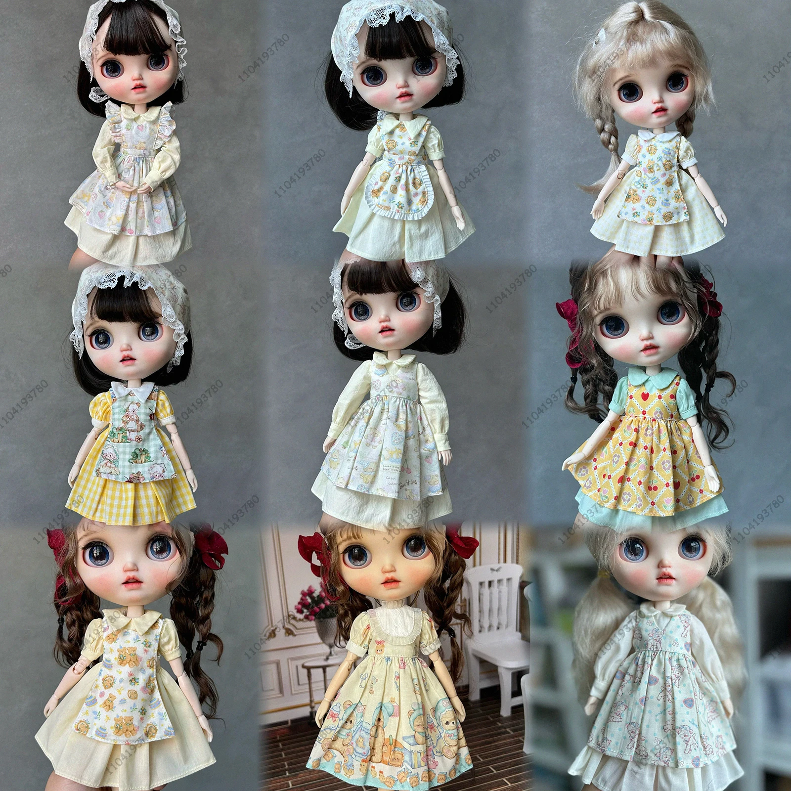 

Для куклы Блайт 30 см, тело 1/6 Ob24 Azone, одежда для куклы в стиле ретро, желтое платье в стиле Коттеджкор, платье с рисунком, костюм, одежда для девочек