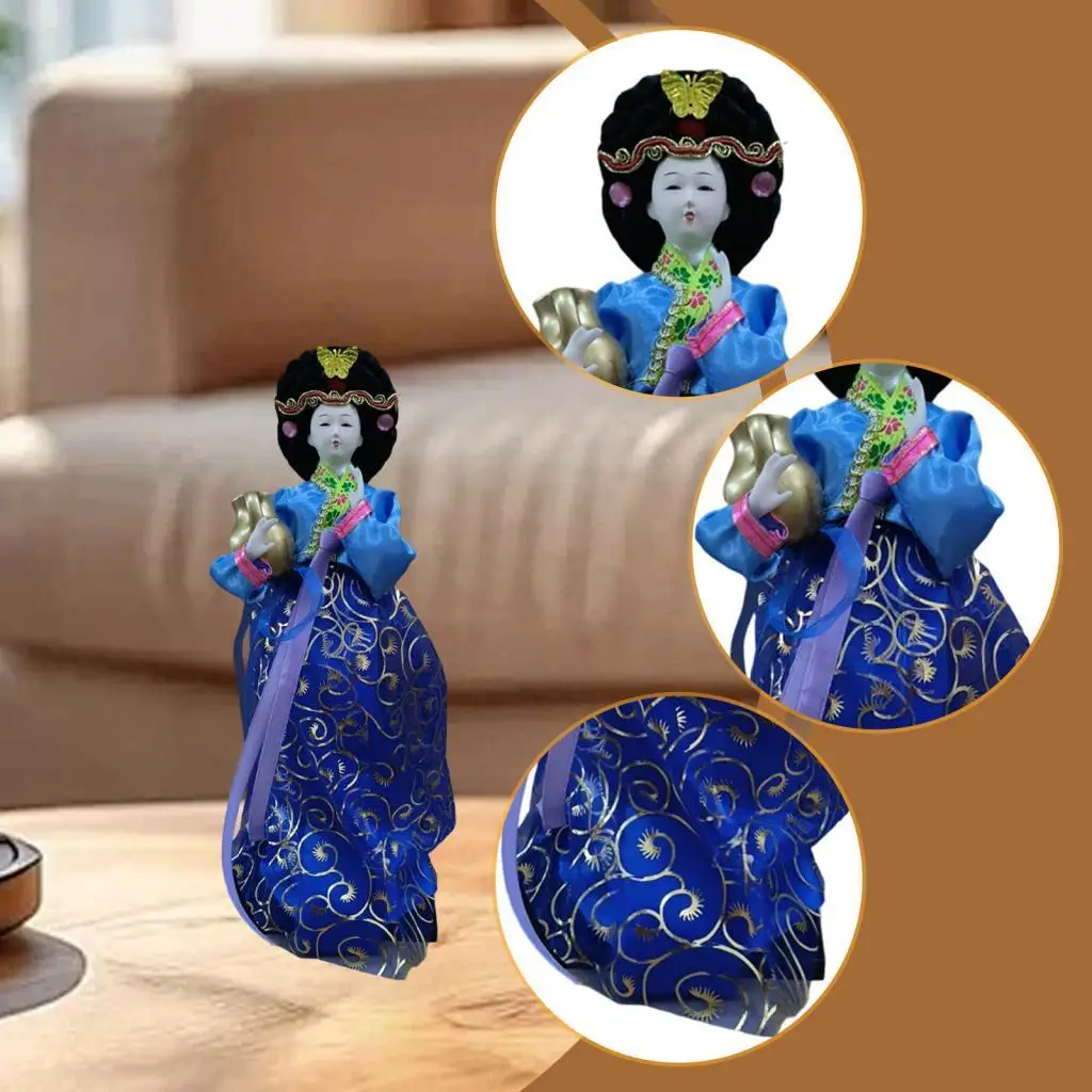 Korean Hanbok Doll Collectible Figurine Sculpture Handicraft Freestanding Traditional 30cm Geisha Kimono Figurine for Table