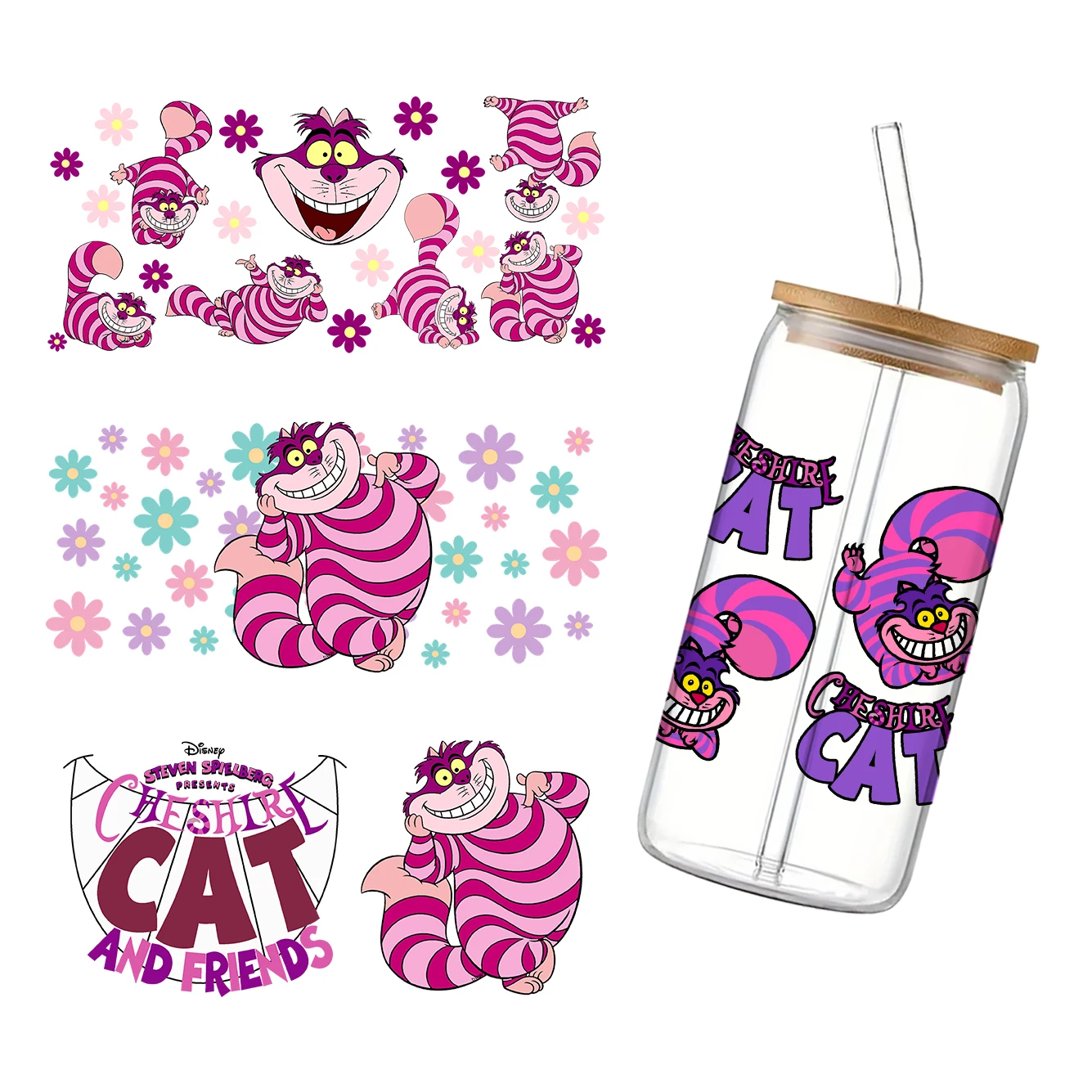 Cheshire Cat 11x24cm Cartoon Disney Cup Wrap Sticker 16oz UV DTF Waterproof Sticker for Party Gift Permanent Adhesive Ready To A