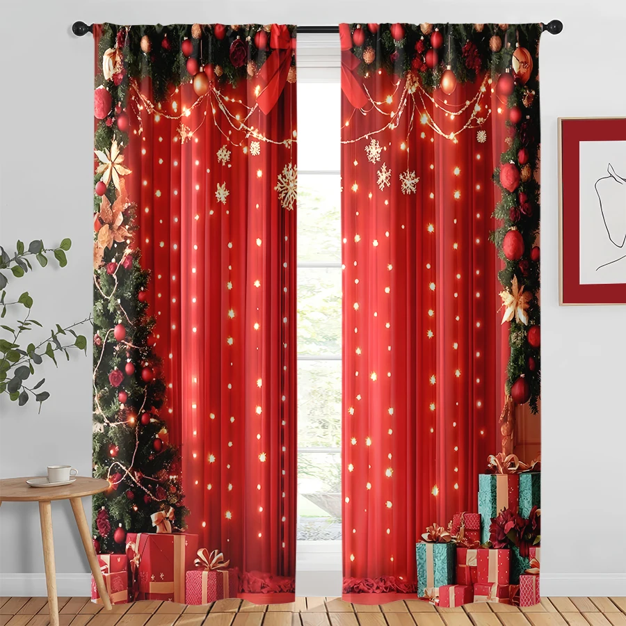 2PCS Christmas Winter Curtains, String Light Tree, Digital Print, Bedroom Living Room, Rod Pocket, Polyester, Home Decor