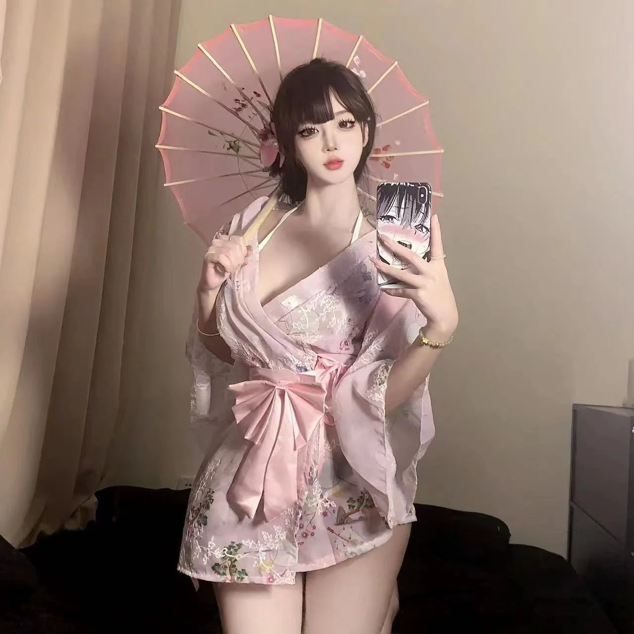 2026 뉴 도쿄 여신 소녀 스위트 보우 매력있는 프린트 자수 기모노 목욕 가운 시폰 나이트가운 매력적인 이너웨어 코스프레 의상 썸네일 2