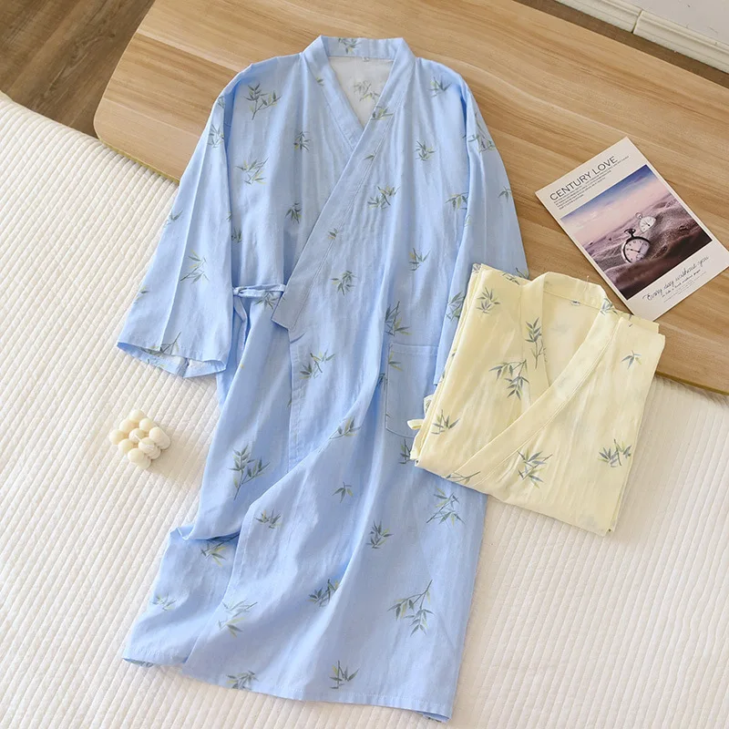 Spring And Summer Style Kimono Nightgown For Men And Women 100%Cotton Gauze Thin Loose Steamed Bathrobe Couple Robe Home Service