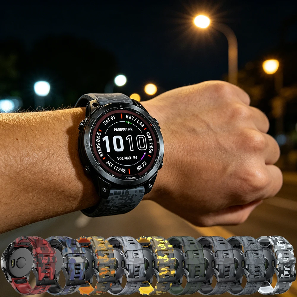 

Для Garmin Fenix 5X 5 6X 7 7X 8 47 51 мм 3 HR Descent Mk1 Mk2 Enduro2 Instinct 2 3 45 мм 22/26 мм силиконовый ремешок с камуфляжным принтом
