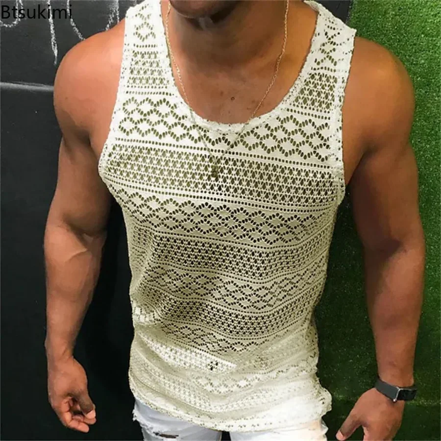 2026 Summer Tank Top for Men Lace Hollow Out Sleeveless Shirts Mens Clothing Slim Fit Gym Clothes Workout Solid Vest Tops Male