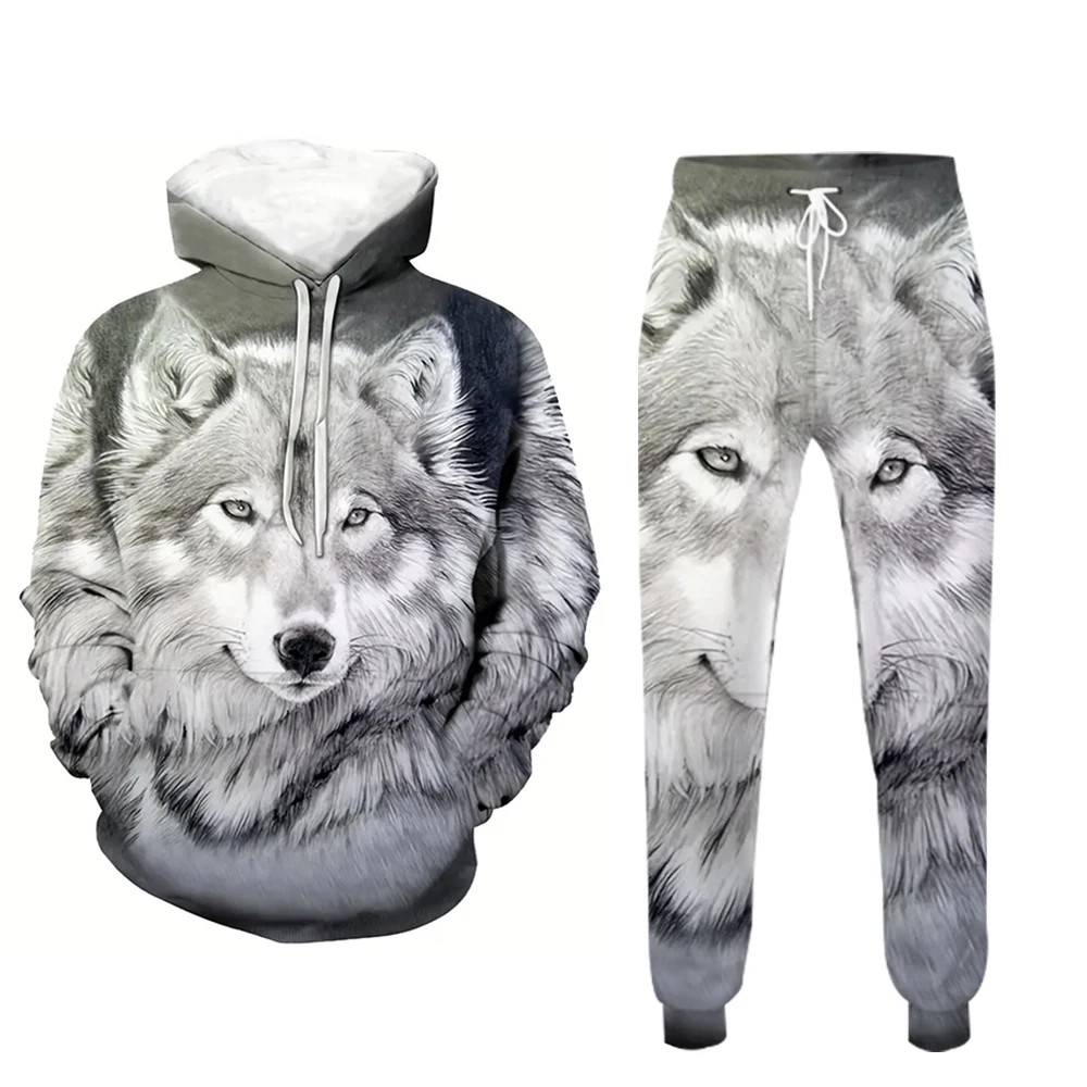 Vintage Black and White Wolf Print Men\'s Tracksuit Two-Piece Jumper Fashion Men\'s Fall/winter Casual Plus Street Sweatshirt