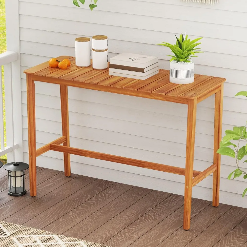 

Patio Bar Table, 54” x 22” Acacia Wood Counter Height Table with Slatted Tabletop & Footrest Crossbar, Rectangle, Customized