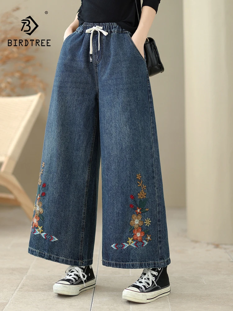 Nowe jeansy damskie na jesień 2025, bawełniane, z elastyczną talią, haftowane kwiatami, w stylu Mori Girl, vintage, luźne spodnie z szerokimi nogawkami B59658CC