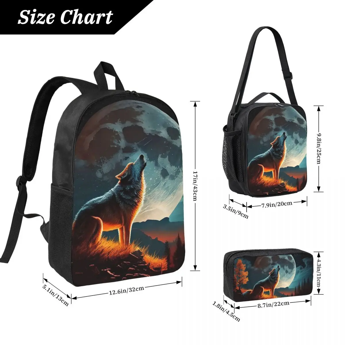 Howling Wolf Under The Moonlight Print Backpack BookBag School Bag Laptop Shoulder Bags 3ps Insulated Lunch Bag Pencil Case