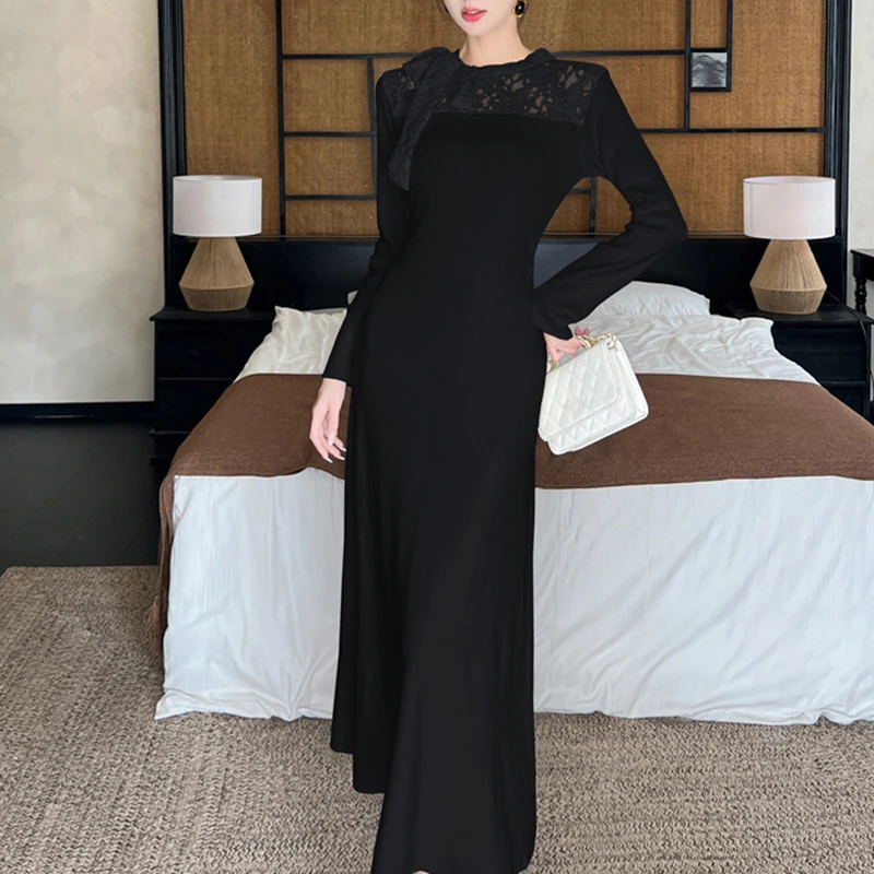 Korean Fall Winter Elegant Dress Women Jacquard Patchwork Solid Slim Dress Lace Knit Sweet Long Sleeve Party Evening Vestidos