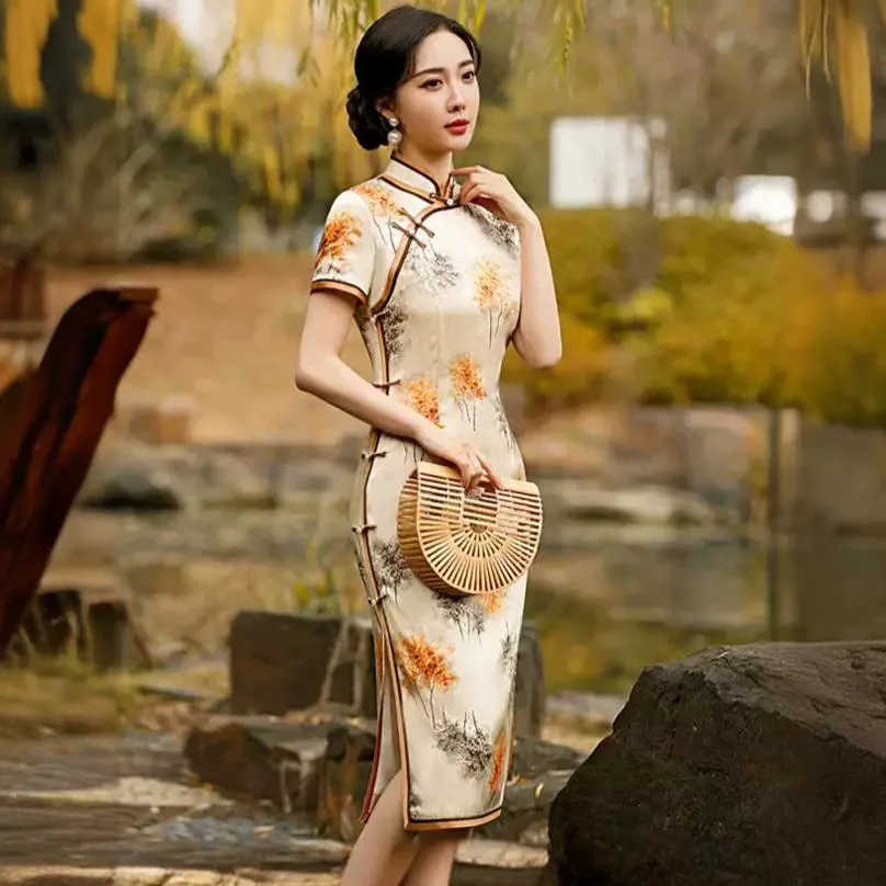 High Quality High-End New Chinese Real Silk Cheongsam Qipao Summer Retro Improved National Style Dress