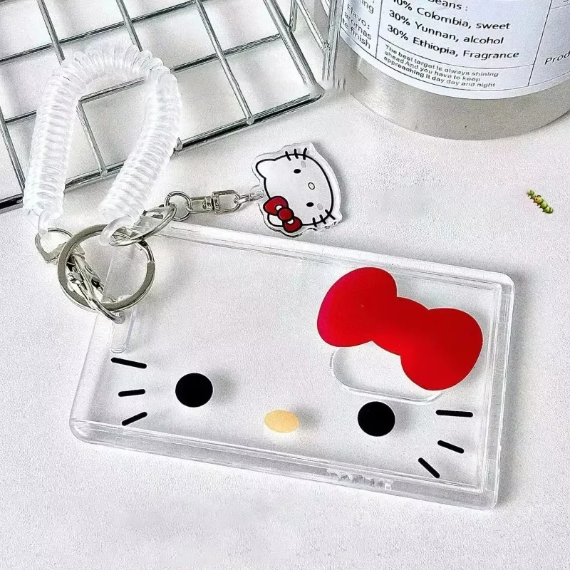 HelloKitty Transparent Card Holder Sanrios Cartoon Cute Bow Badge Credit Card Bank ID Keychain Bus Card Cover Cases Girl Gift