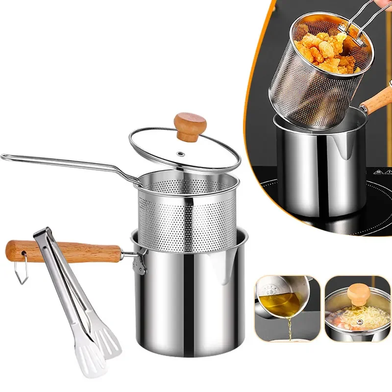 Wood Handle Kitchen Deep Frying Pot With Strainer Basket Stainless Steel Tempura French Fries Fryer Pot Chicken Fried Pan Cooker