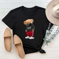 Bear Women's Funny Printing Black T-shirt Girl Summer Y2K Harajuku Casual Tops Tee Female Streewear Lady Clothes