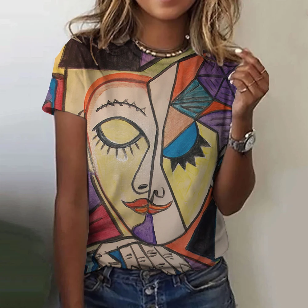 Abstract Character Print T Shirt For Women Casual O-neck Short Sleeve Tops Fashion Street Girl T-Shirts Summer Loose Ladies Tees