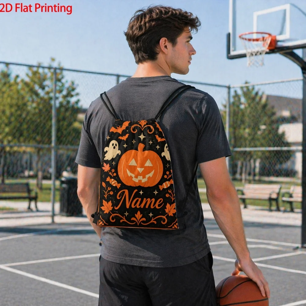 1Pc Halloween Custom Name/Text Drawstring Backpack, Spooky Ghost Pumpkin Design Gift Storage Bag, Suitable for Party and Events