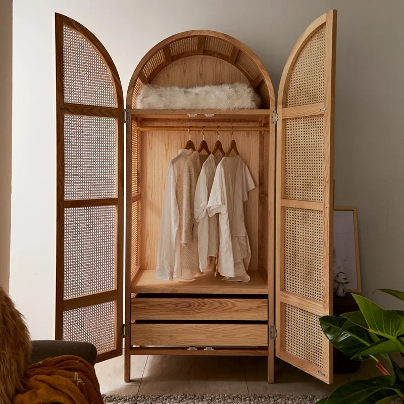Simple rattan art cabinet, modern simple solid wood frame wardrobe
