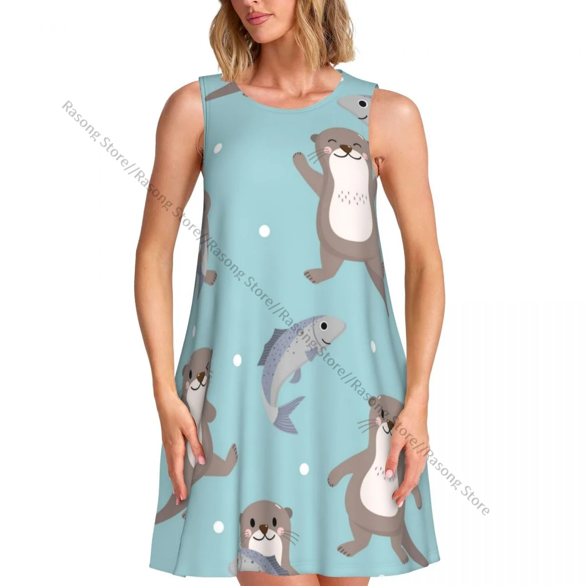 Women's Dress Summer Casual T Shirt Dresses Beach Cover up Cute Otter And Fish Tank Dress