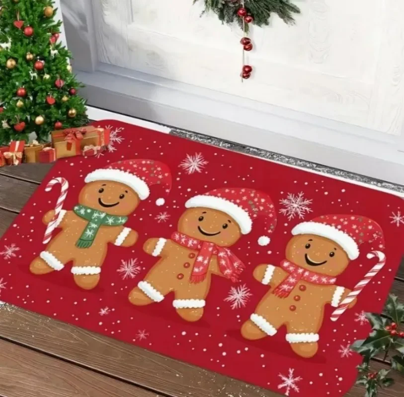 Gingerbread Man Christmas Doormat Three Santa Hat Candy Cane Snowflake Print Indoor Outdoor Entryway Xmas Decor Welcome Mat