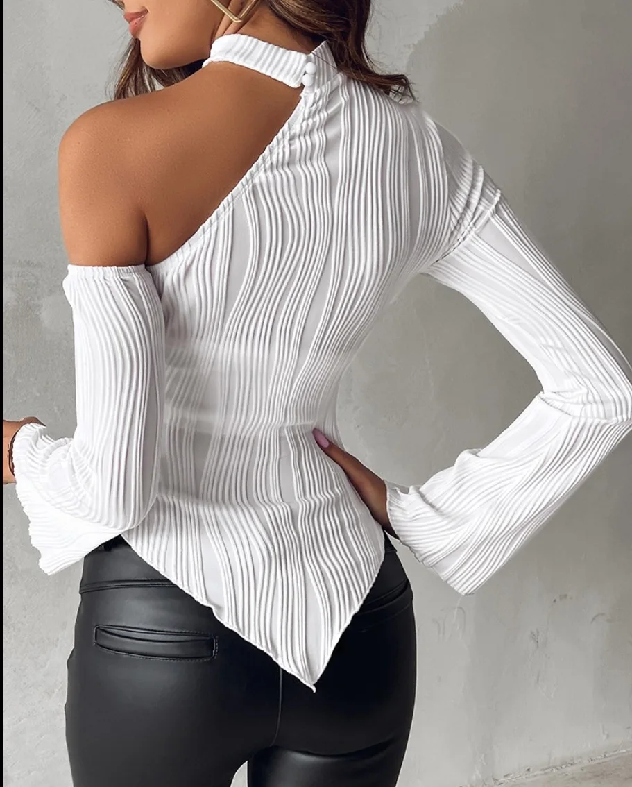 Women\'s Elegant Off Shoulder Blouses And Shirts 2024 Spring Autumn Tops Casual Fashion White Long Sleeve Office Ladies Blouse