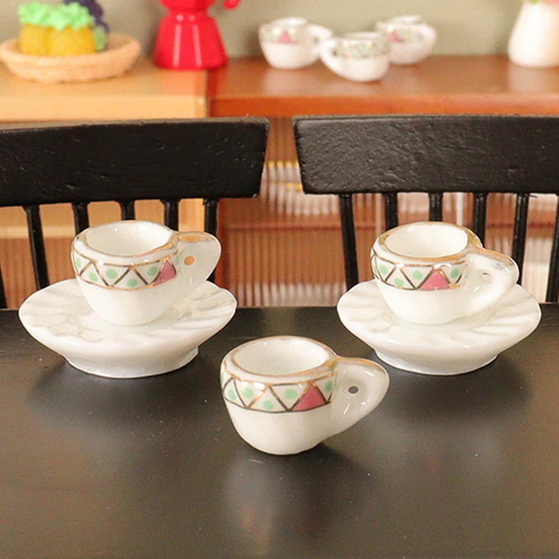 4PCS 1:12 Scale Dollhouse Mini Tableware Ceramic Tea Simulation Miniature Tea Cups Saucers Model Set DIY Dollhouse Decor