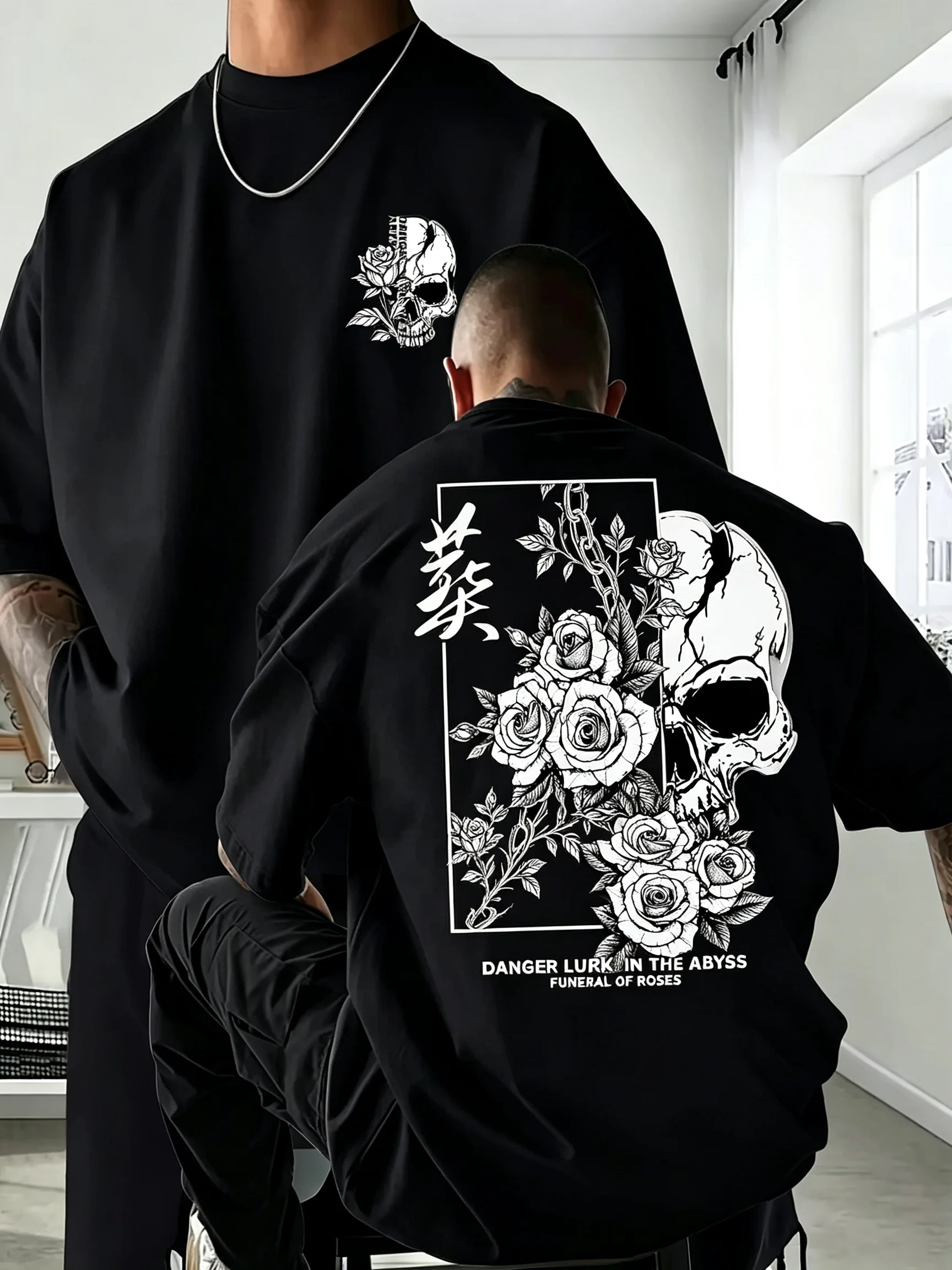 Men's 100_ Cotton T-shirt Skull & Roses Kanji Graphic Tee Casual Outdoor Daily Streetwear Short Sleeve Dark Tops men clothing